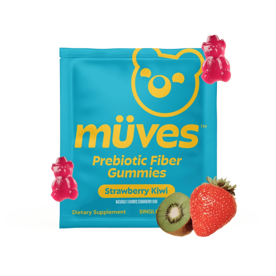 Müves gummy pack surrounded by taped-up strawberry and kiwi cutouts