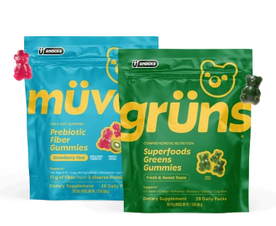 Müves Prebiotic Fiber Gummies pack and Grüns Superfoods Greens Gummies pack