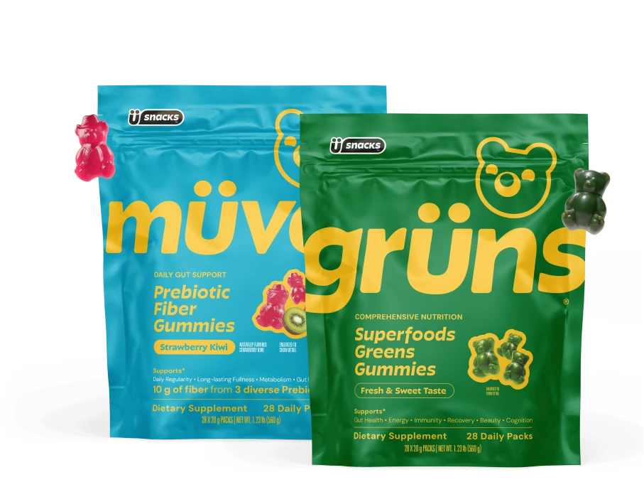 Müves Prebiotic Fiber Gummies pack and Grüns Superfoods Greens Gummies pack