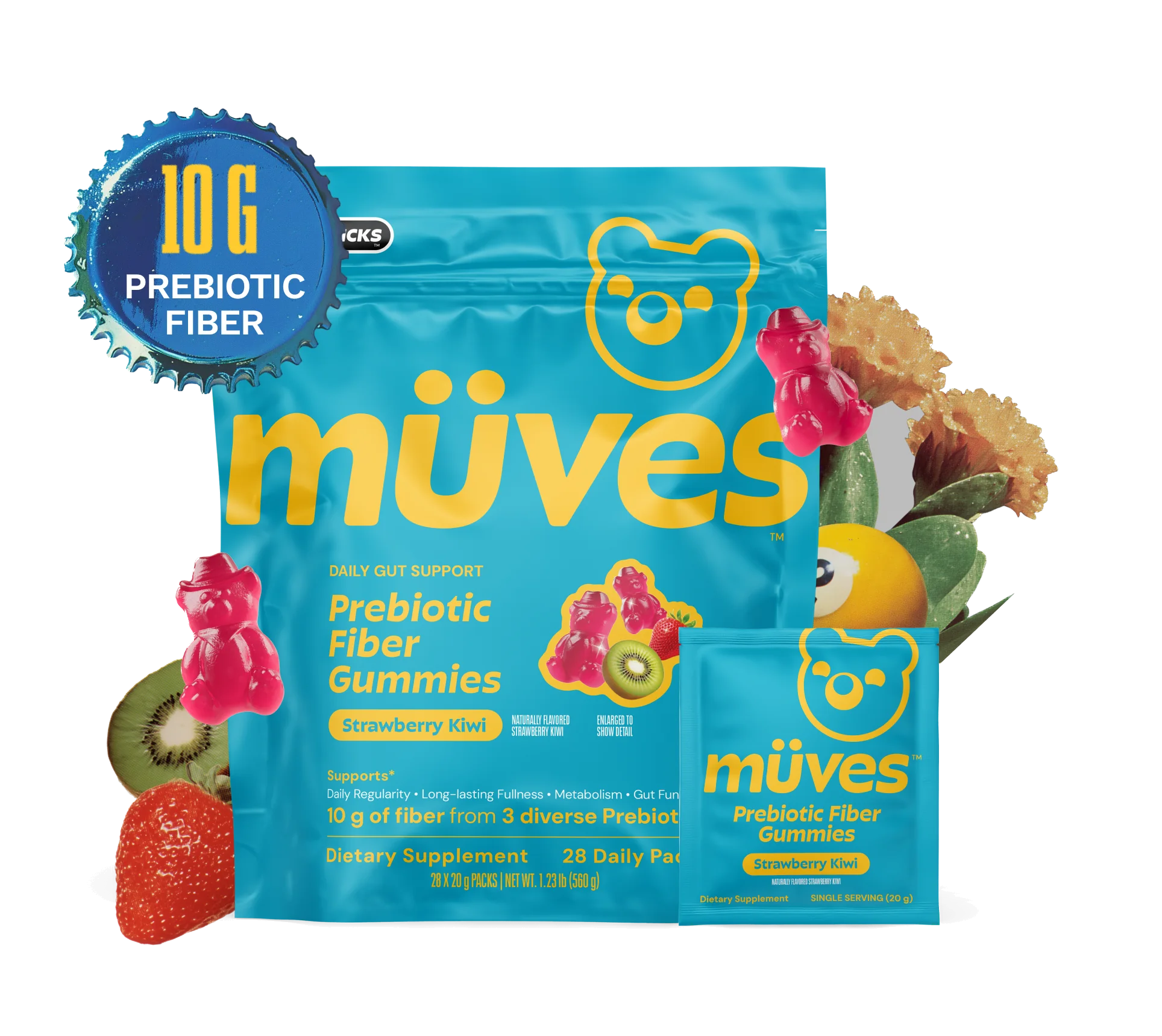 Müves prebiotic fiber gummies pack and single-serve sachet with strawberry, kiwi and gummy bears, and a bottle-cap badge reading 10 g prebiotic fiber.
