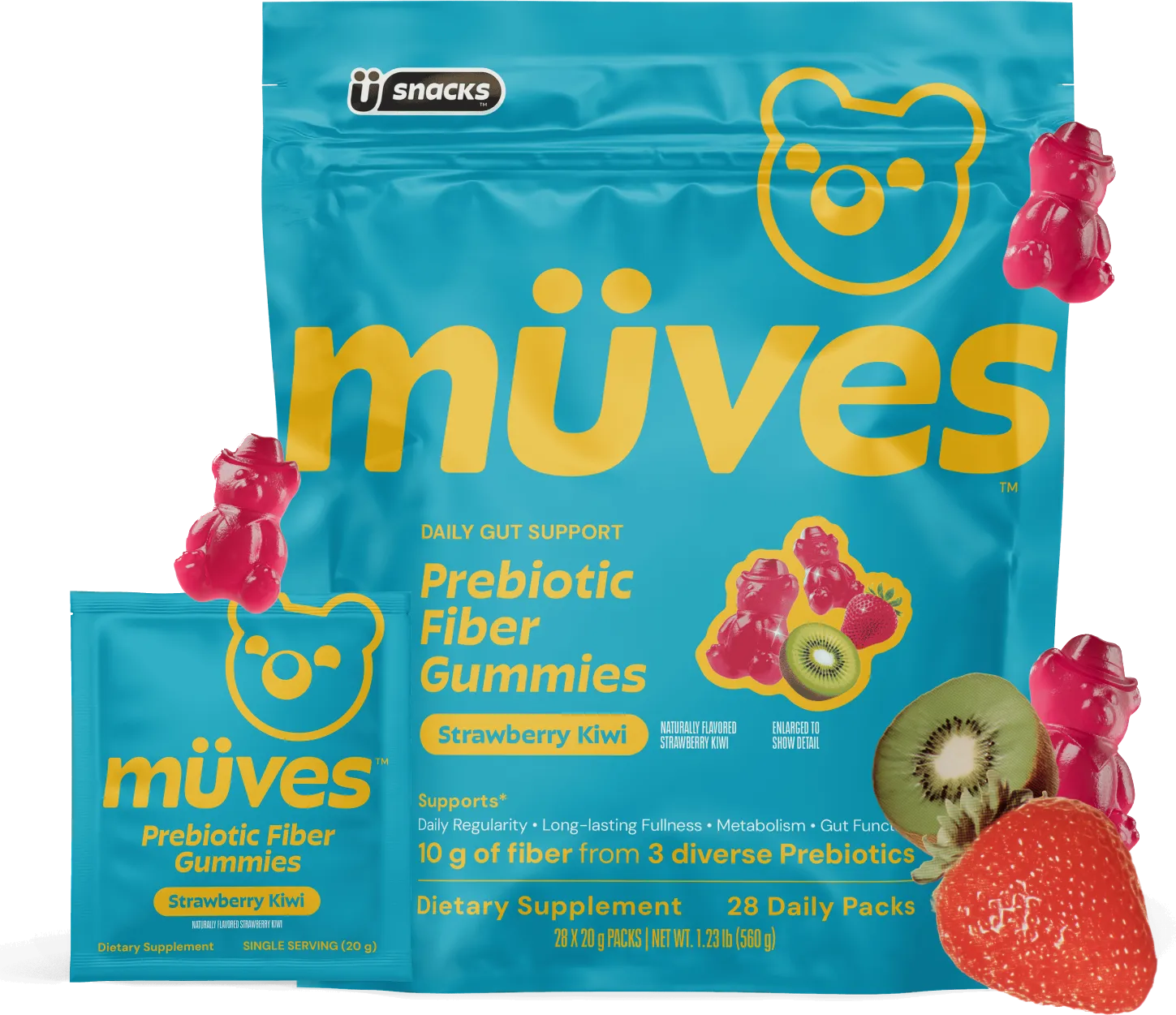 Müves Prebiotic Fiber Gummies pack and single serving sachet with strawberry and kiwi