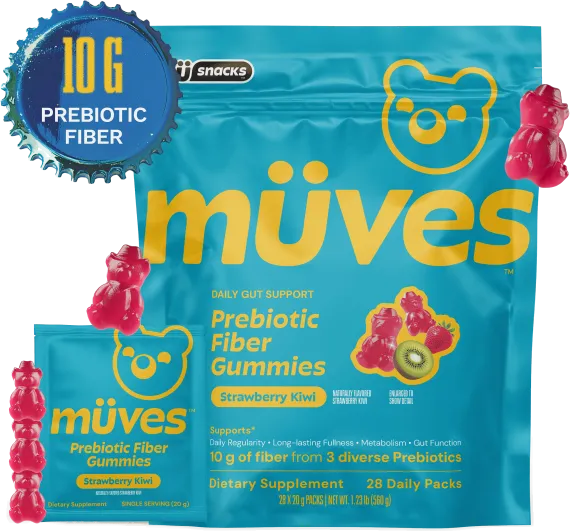 10 g prebiotic fiber — Müves Prebiotic Fiber Gummies pack and single serving sachet