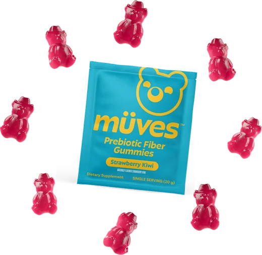 One Müves sachet surrounded by its 8 gummies