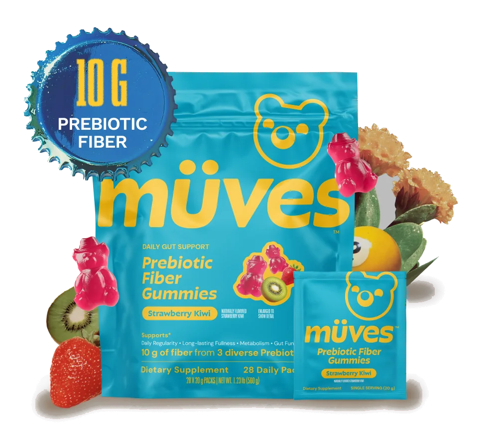 Müves prebiotic fiber gummies pack and single-serve sachet with strawberry, kiwi and gummy bears, and a bottle-cap badge reading 10 g prebiotic fiber.