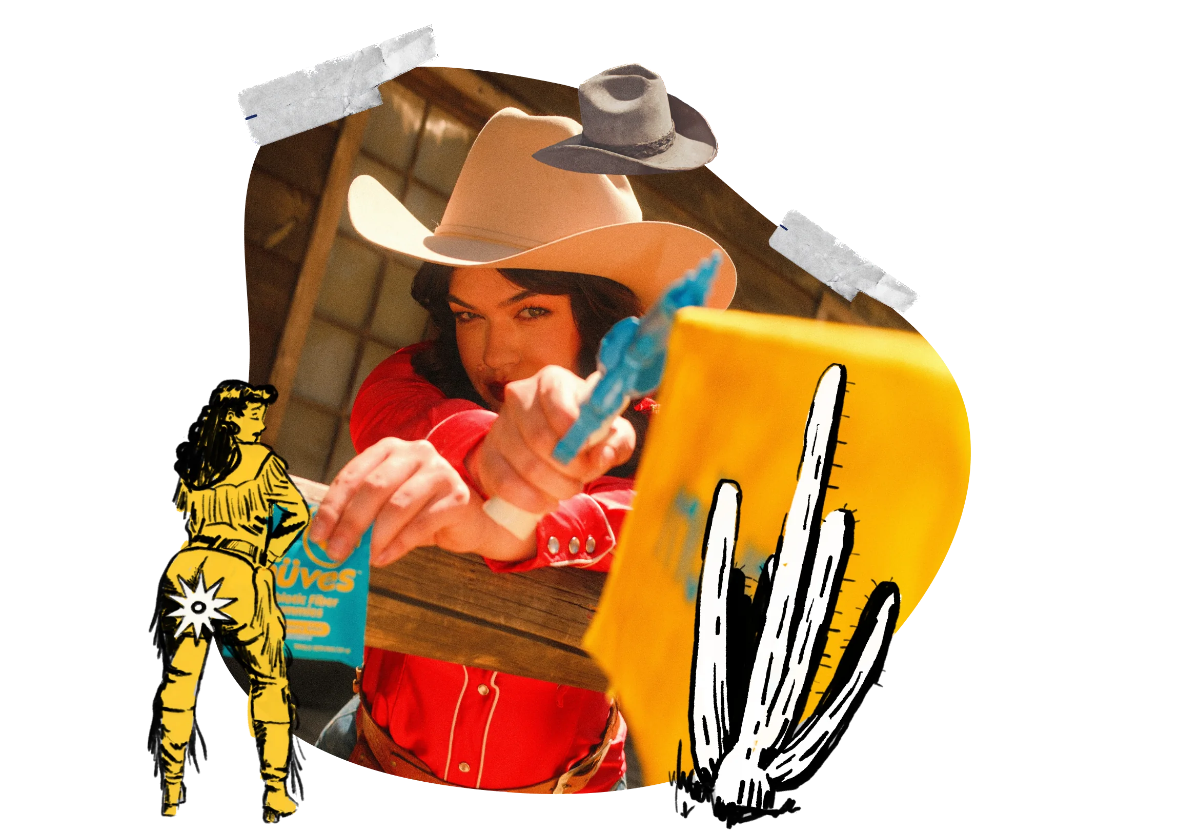 Taped-up collage: a cowgirl in a red shirt aiming a Müves sachet like a finger-gun, with a line-drawn cowgirl, a grey cowboy hat and a brush-drawn cactus.