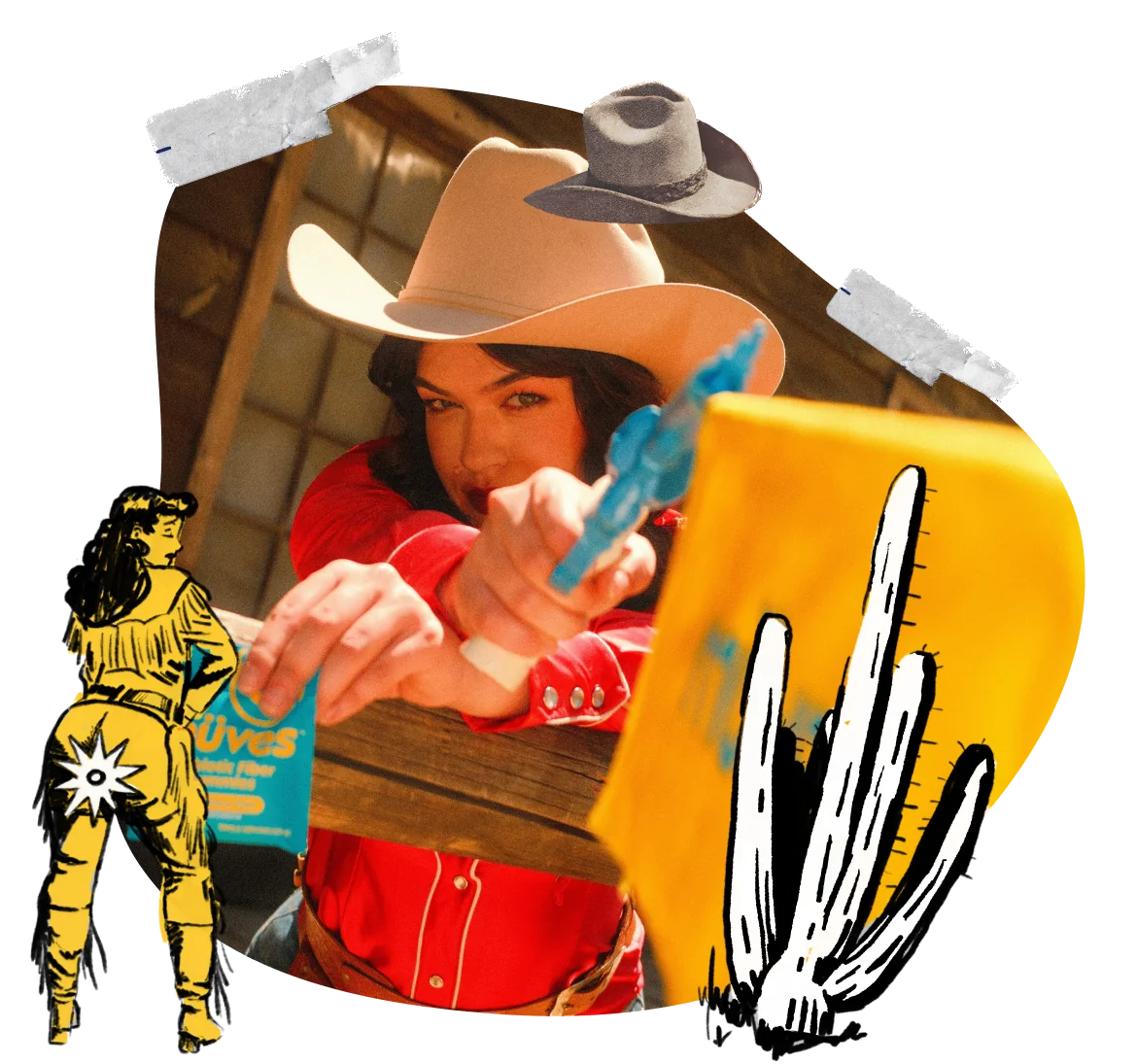 Taped-up collage: a cowgirl in a red shirt aiming a Müves sachet like a finger-gun, with a line-drawn cowgirl, a grey cowboy hat and a brush-drawn cactus.